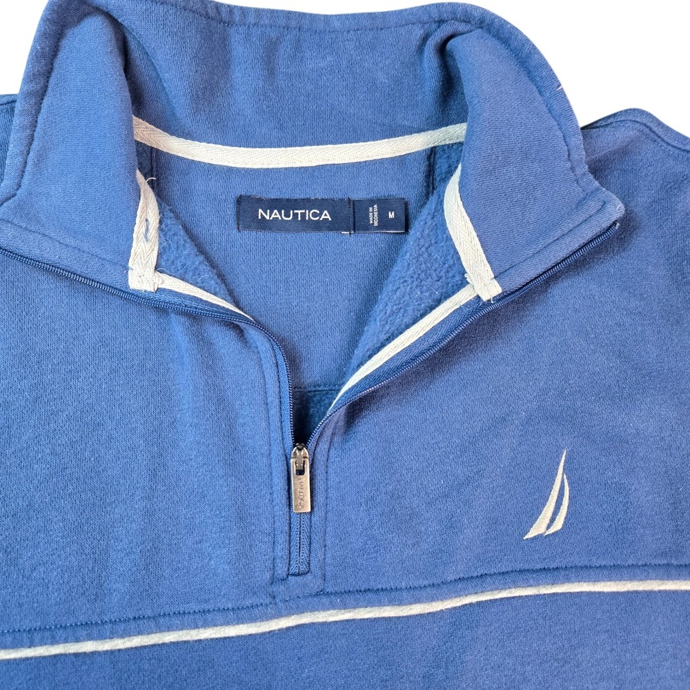 Nautica Men Quarter Zip Fleece Pullover Blue White Stripe Logo Sweatshirt Size M